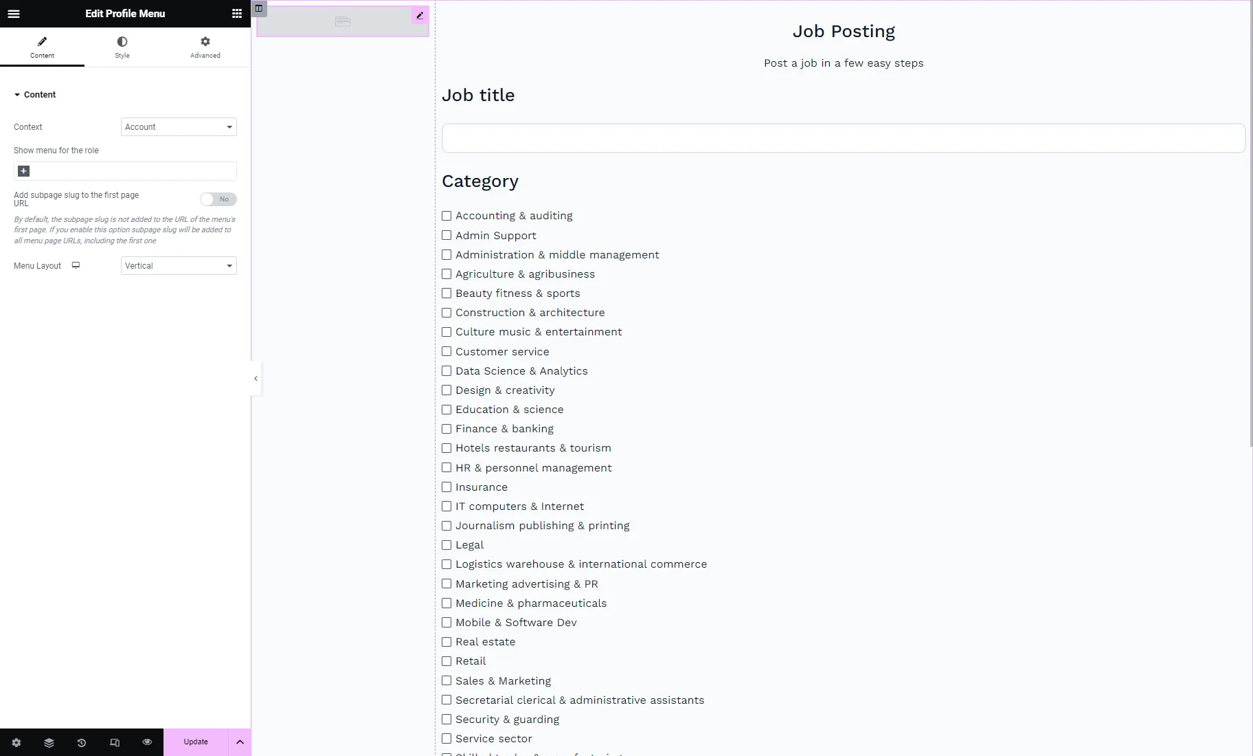profile menu in the listing template
