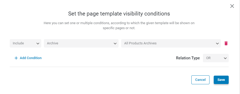 set the page template visibility conditions