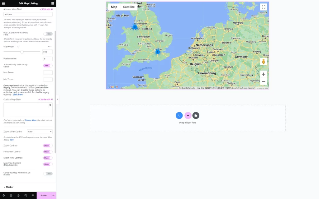 general map listing settings in elementor for google provider