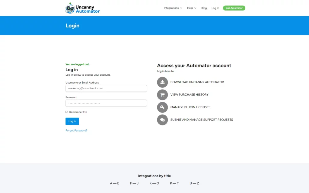 log in on the uncanny automator site