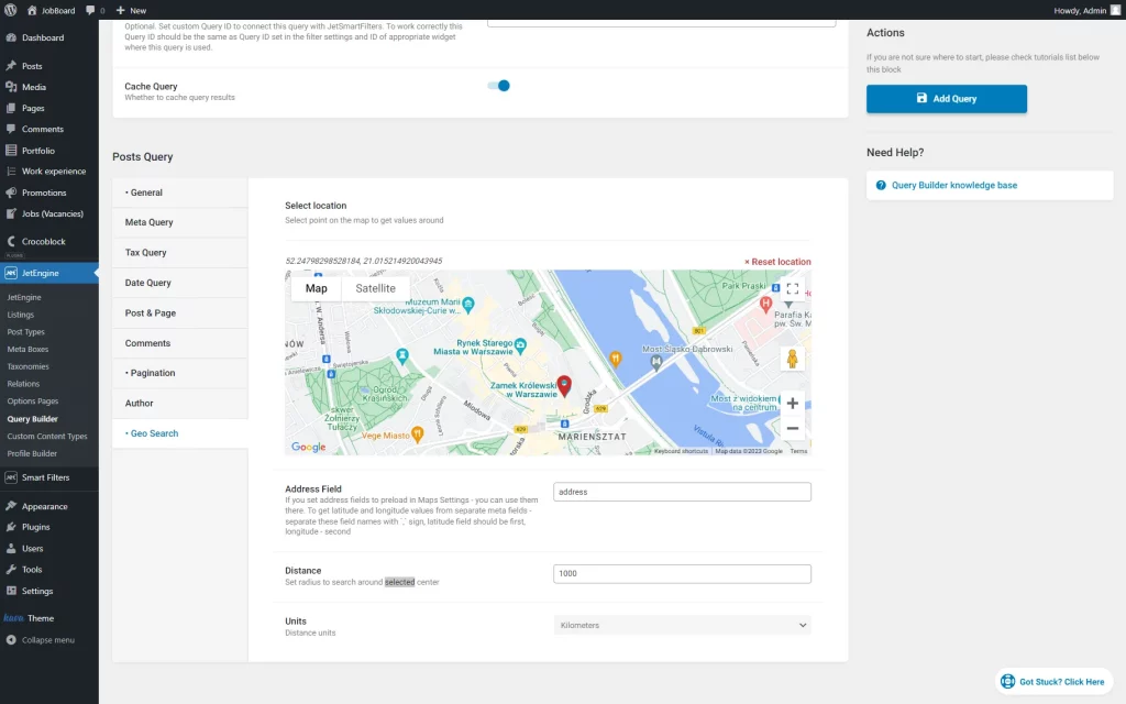 geo search settings in the query builder