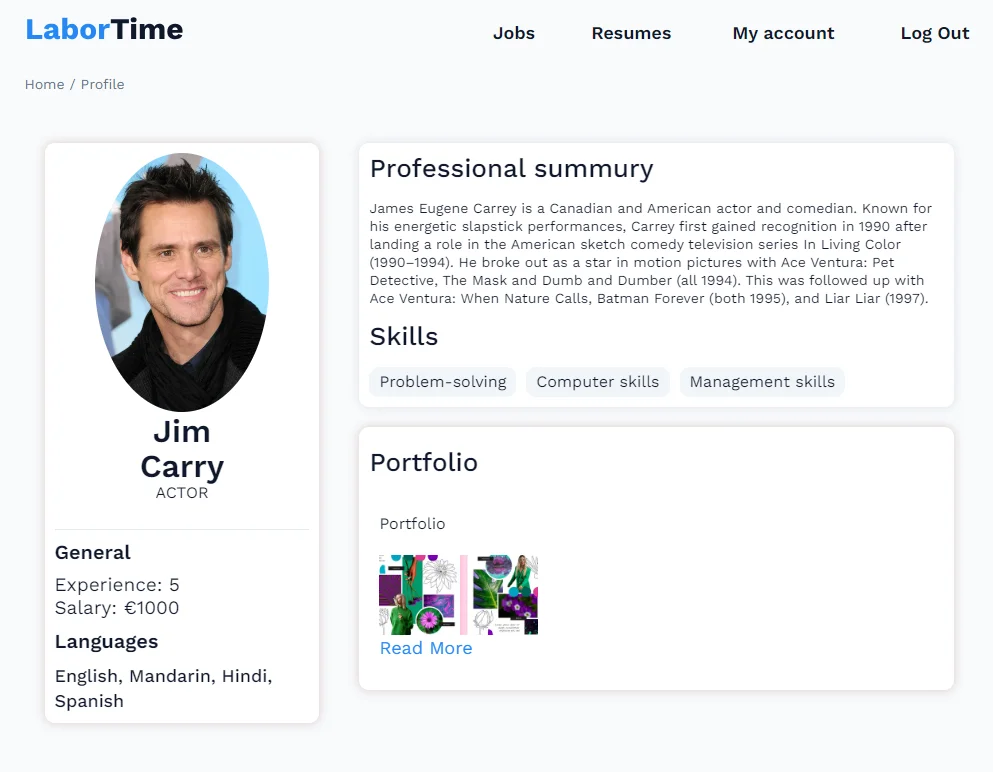 portfolio on the user profile page