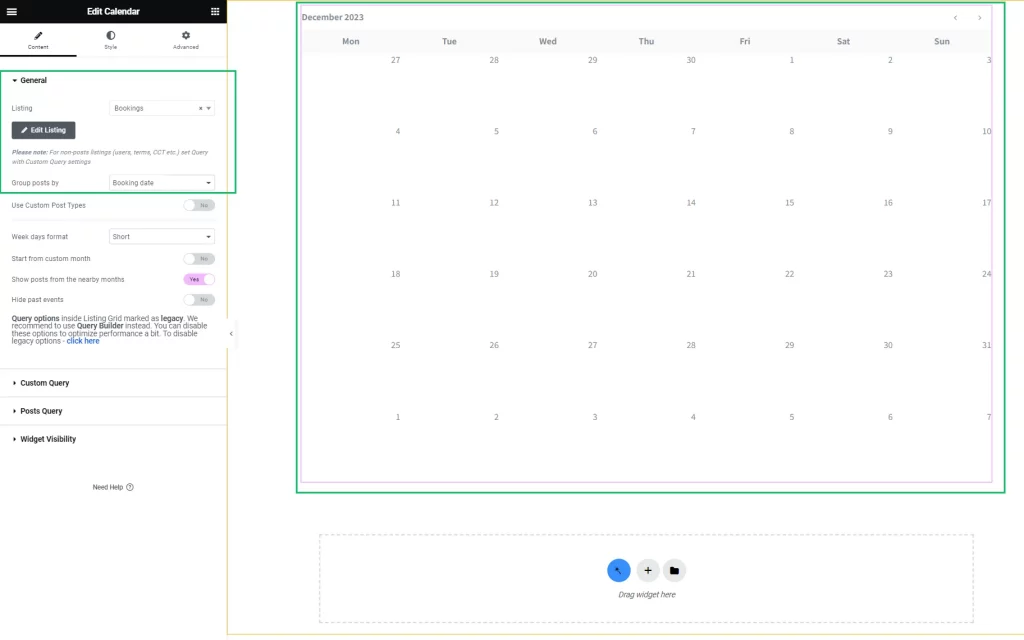 dynamic calendar listing settings