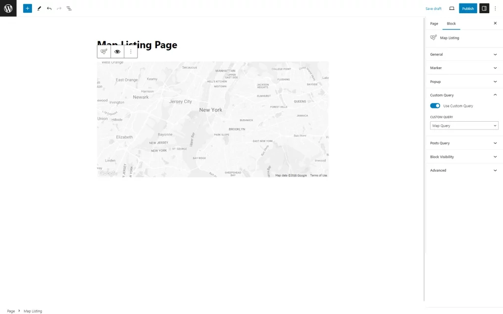 map listing custom query tab in gutenberg
