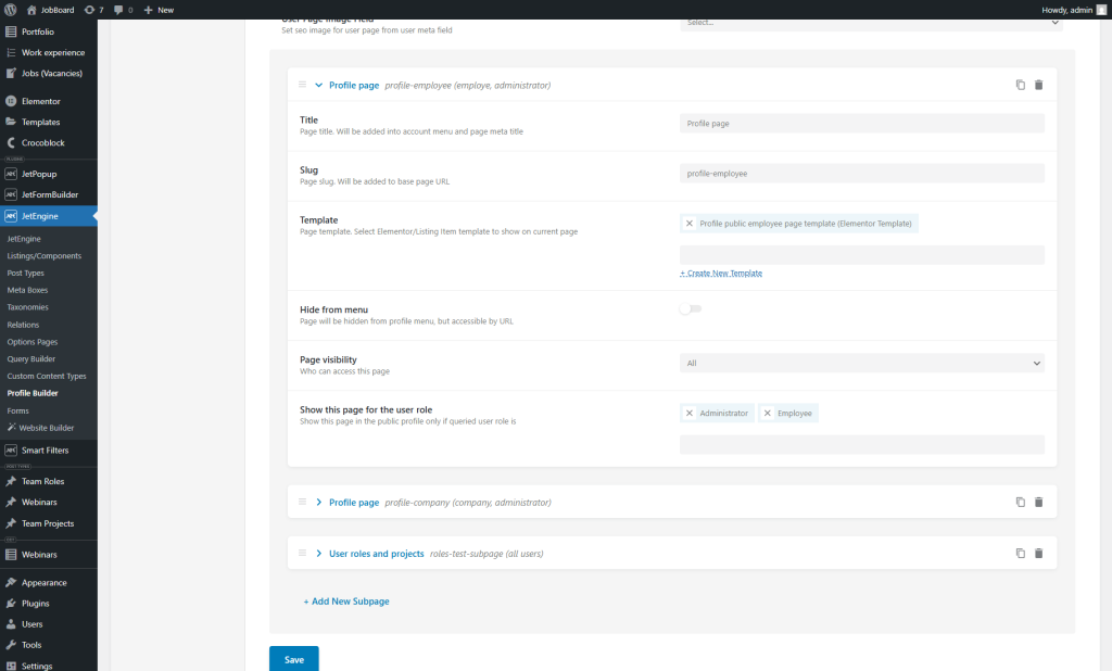profile builder single user subpage creation
