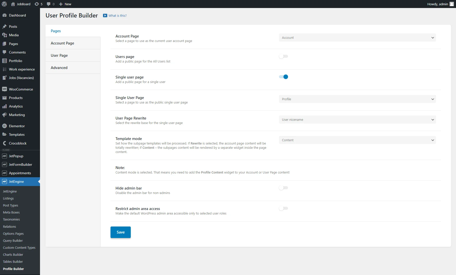 single user page set in the profile builder dashboard