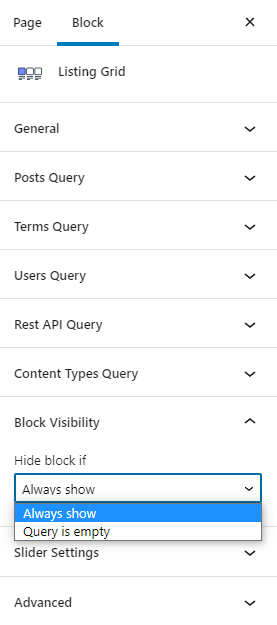 listing grid block visibility settings