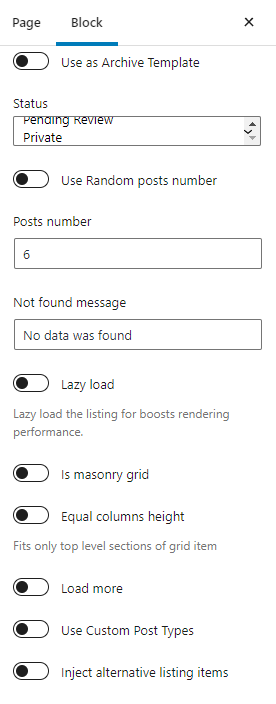 listing grid block general settings