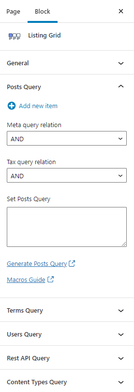 listing grid query settings
