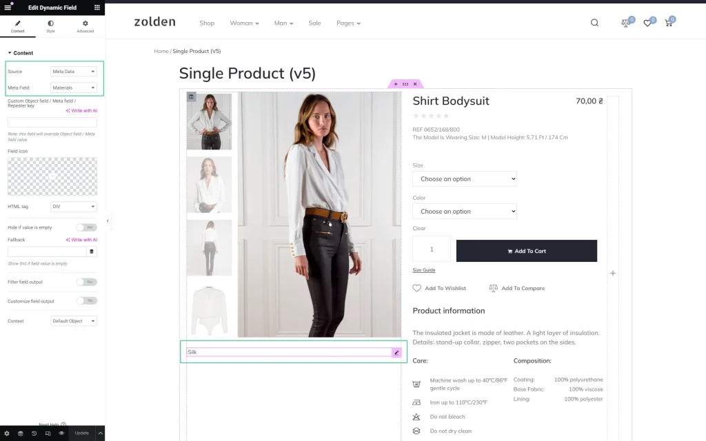 dynamic field on the single product page