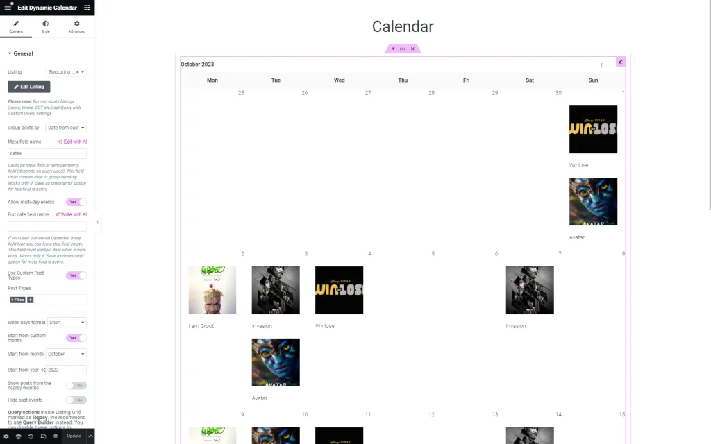 dynamic calendar settings
