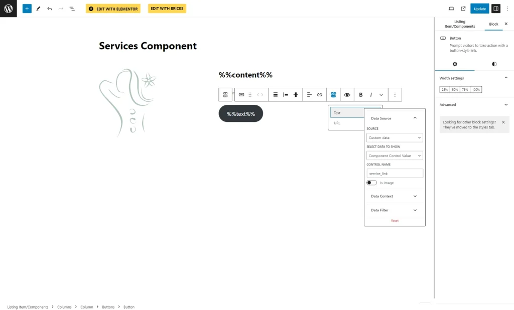 dynamic tags button in gutenberg