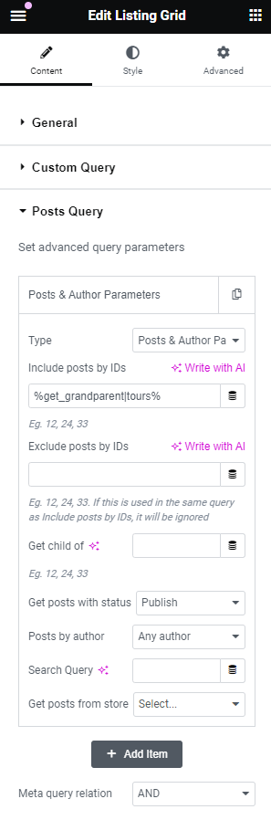 grandparent macro in the listing grid widget in the elementor editor