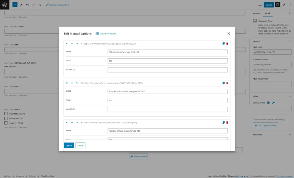 checkbox field edit manual options pop-up