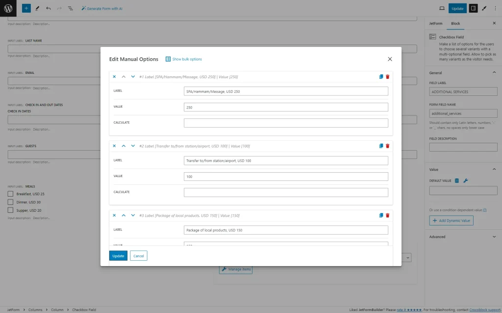 checkbox field edit manual options pop-up