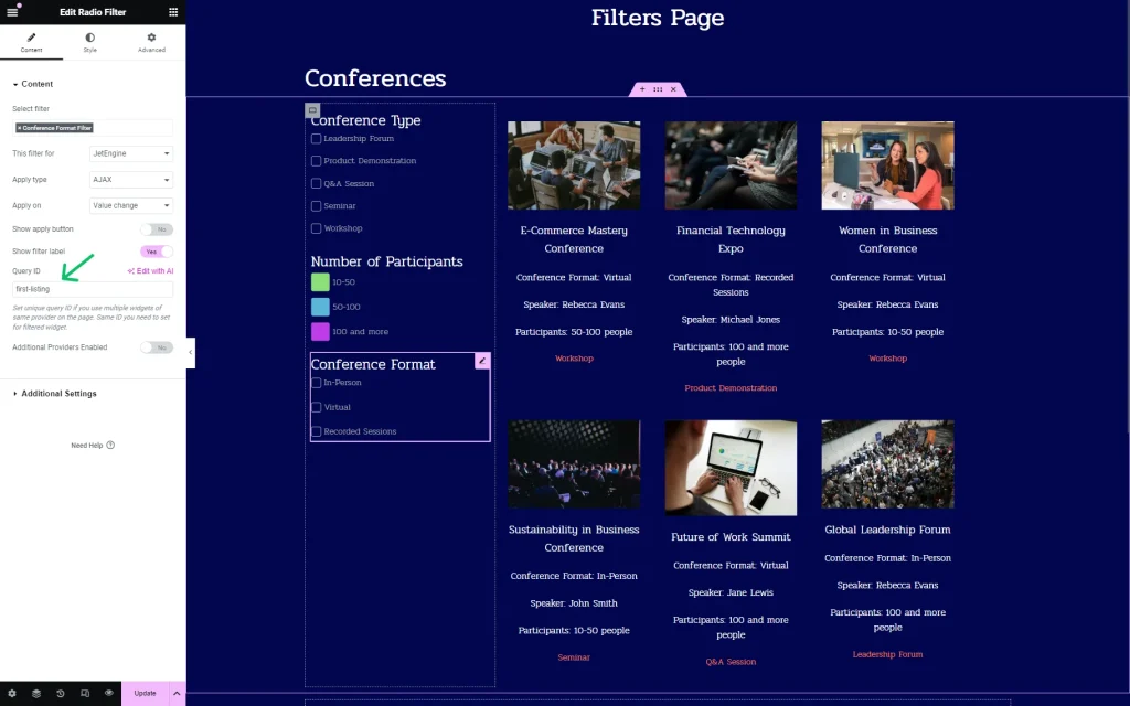 conference format radio filter in elementor