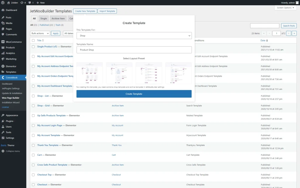 creating a jetwoobuilder shop template