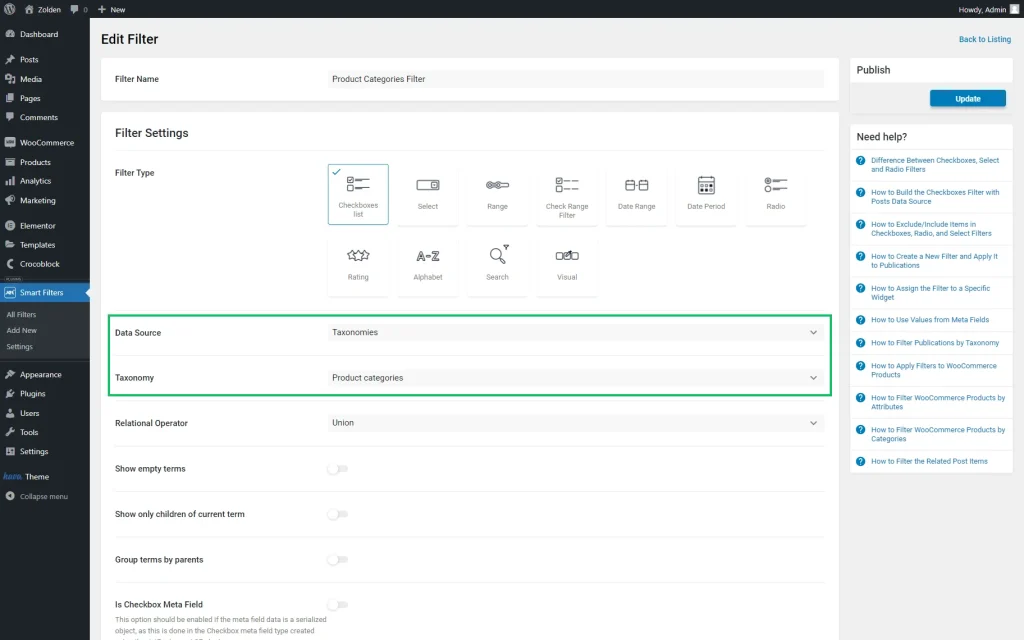 data source and taxonomy selected