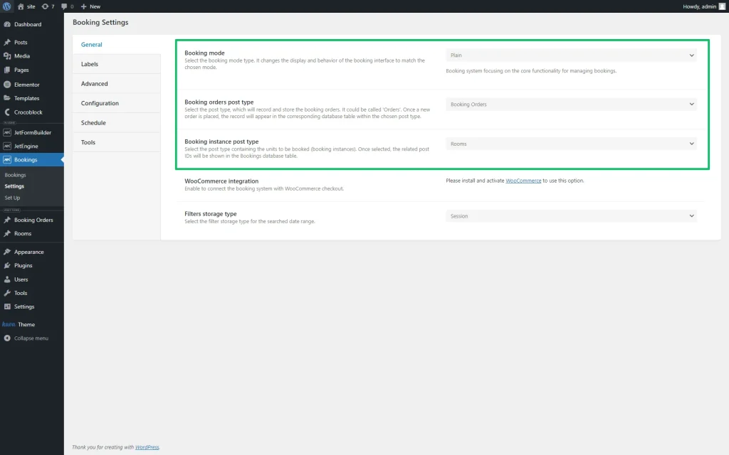 enabling the booking settings