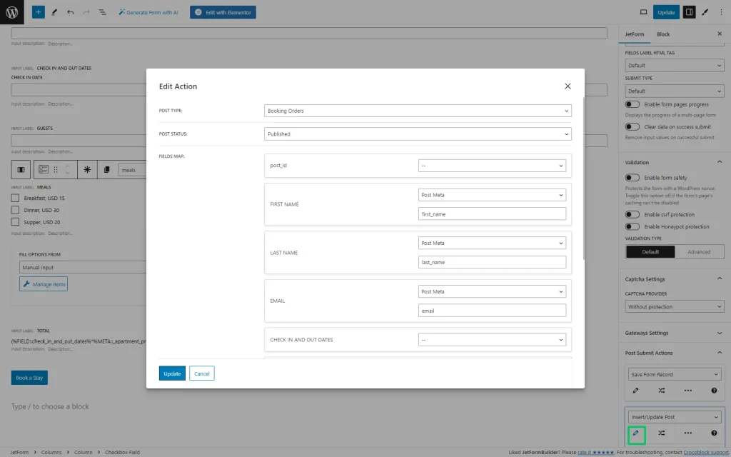 insert and update post action edit pop-up