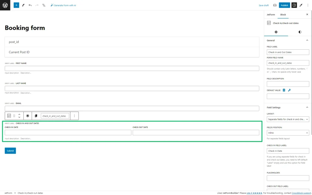 jetformbuilder check in and out dates field