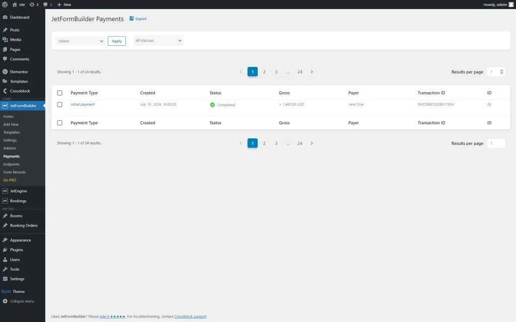 the jetformbuilder payments tab