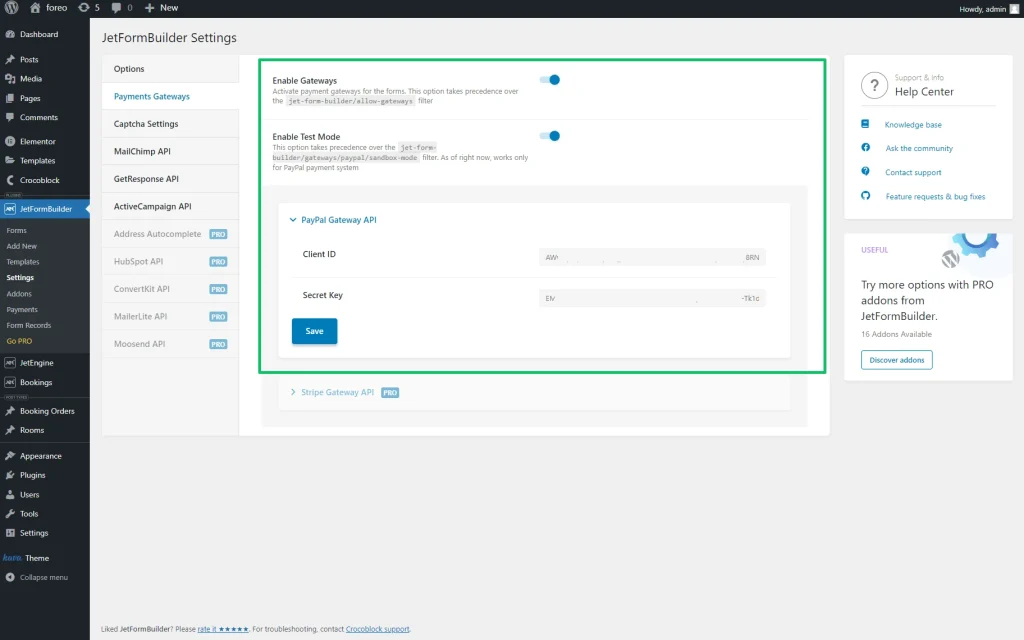 jetformbuilder payments gateway setting tab