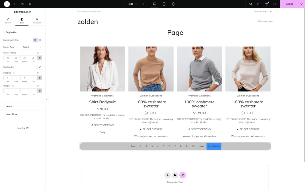 pagination widget style settings