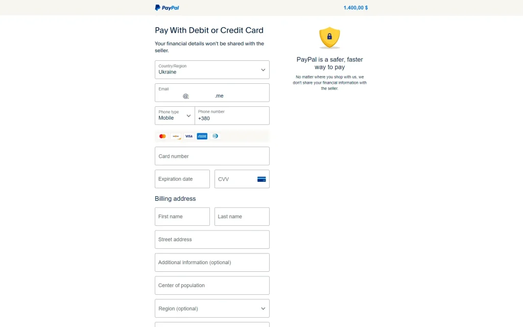 paypal page with a proposition to pay