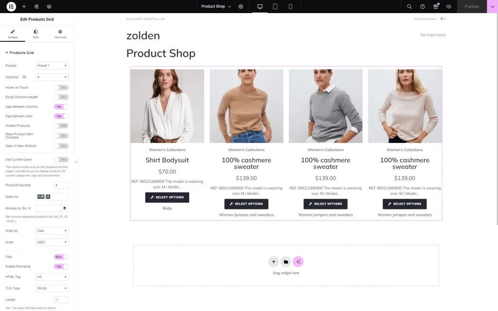 products grid widget added to a page