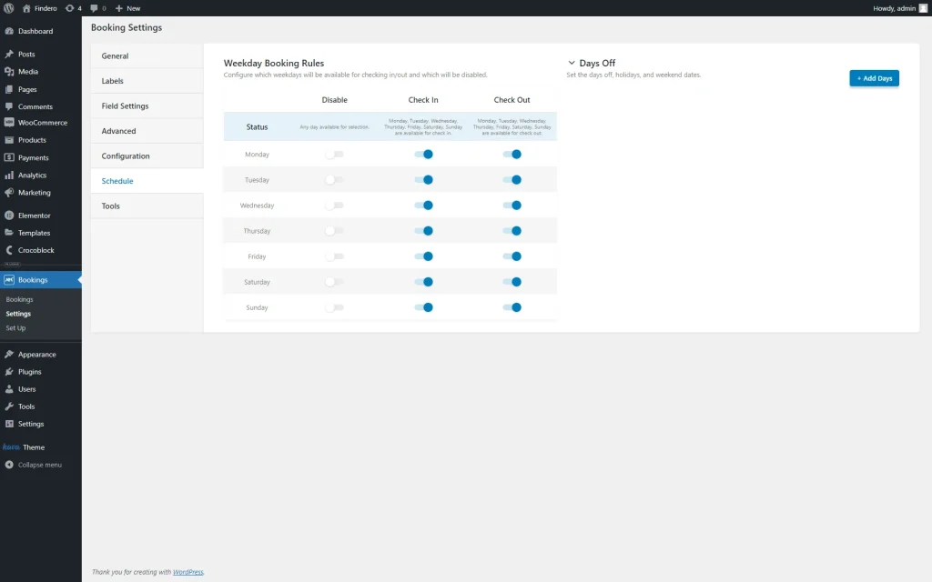 schedule tab of the booking settings