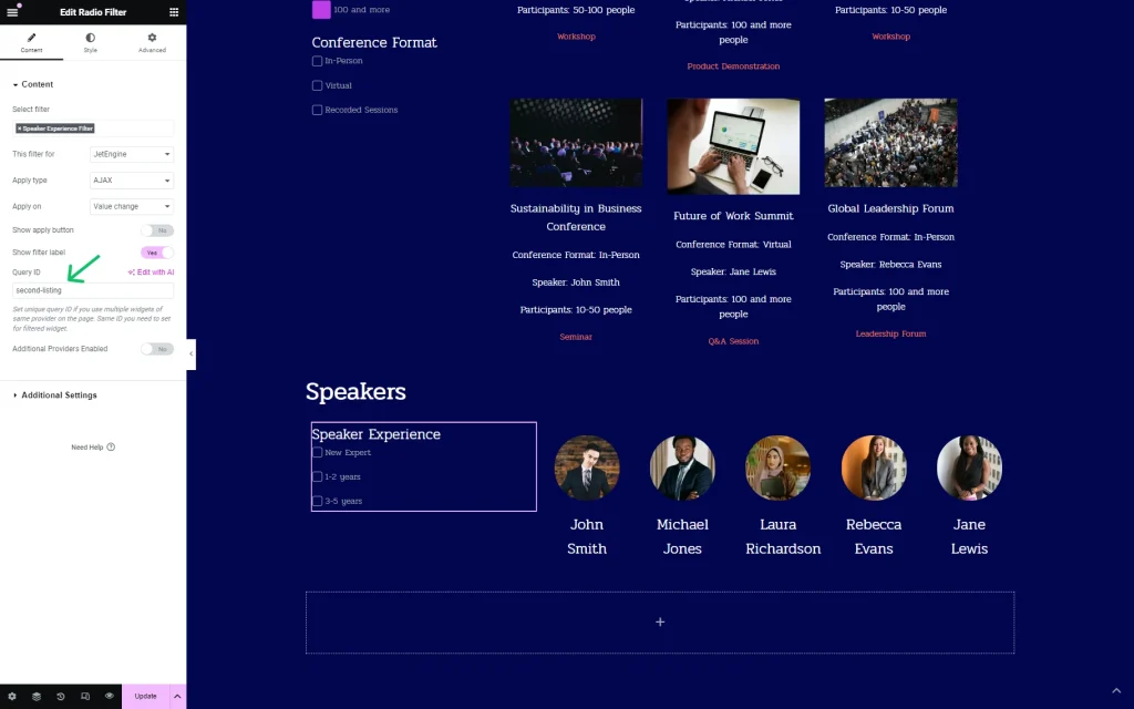 speaker experience radio filter in elementor