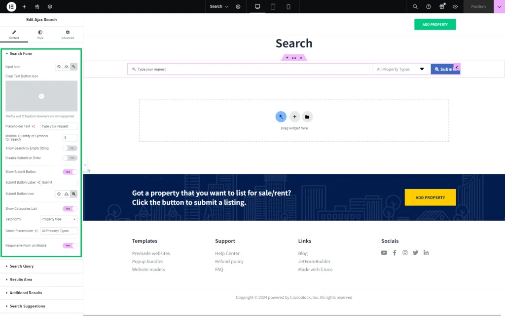 the ajax search widget search form settings