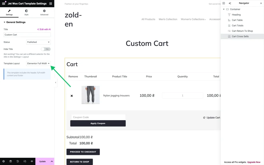 jet woo cart template settings