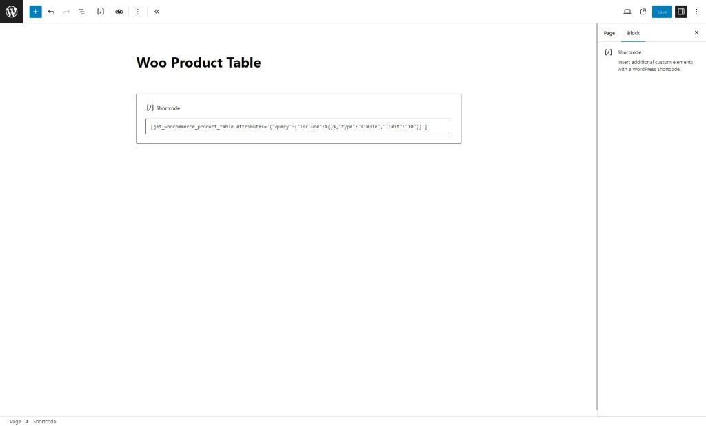 generated shortcode for product table in Gutenberg