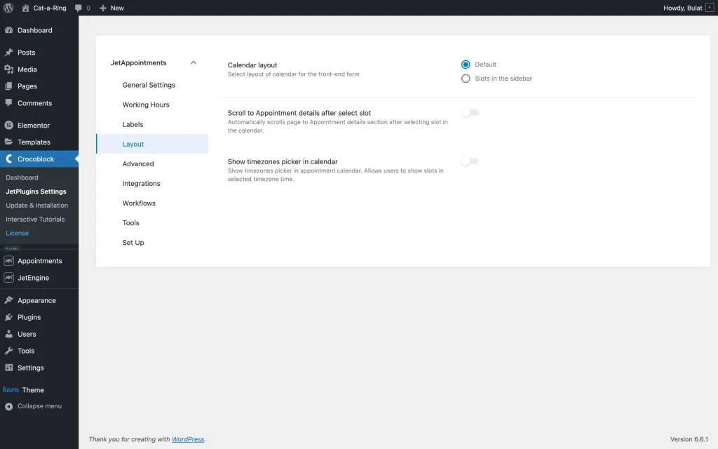 jetappointments layout tab