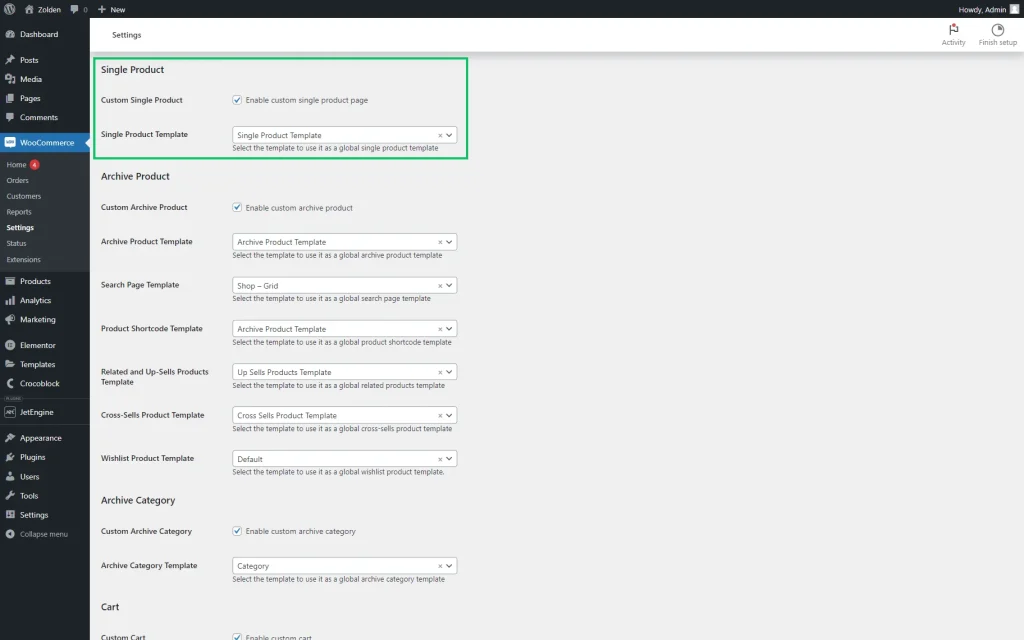 single product settings