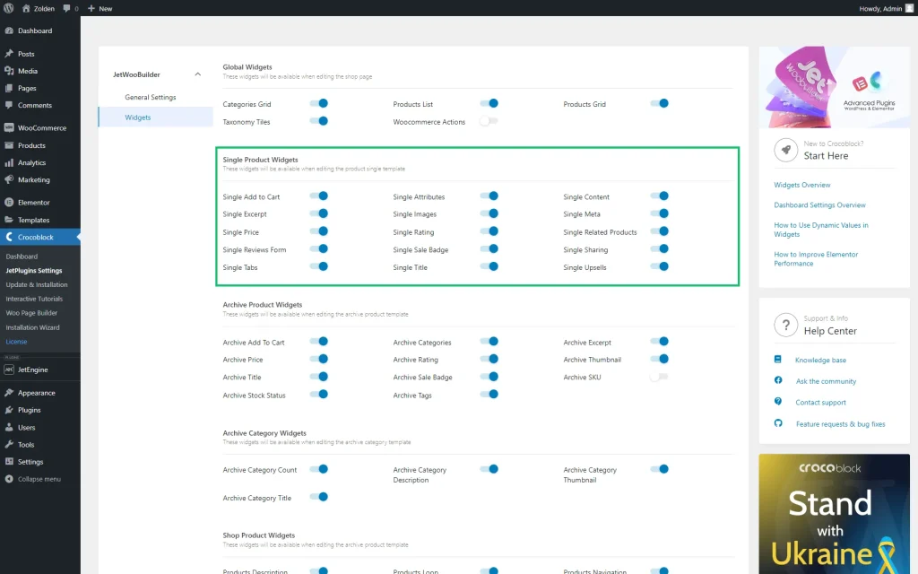 single product widgets toggles