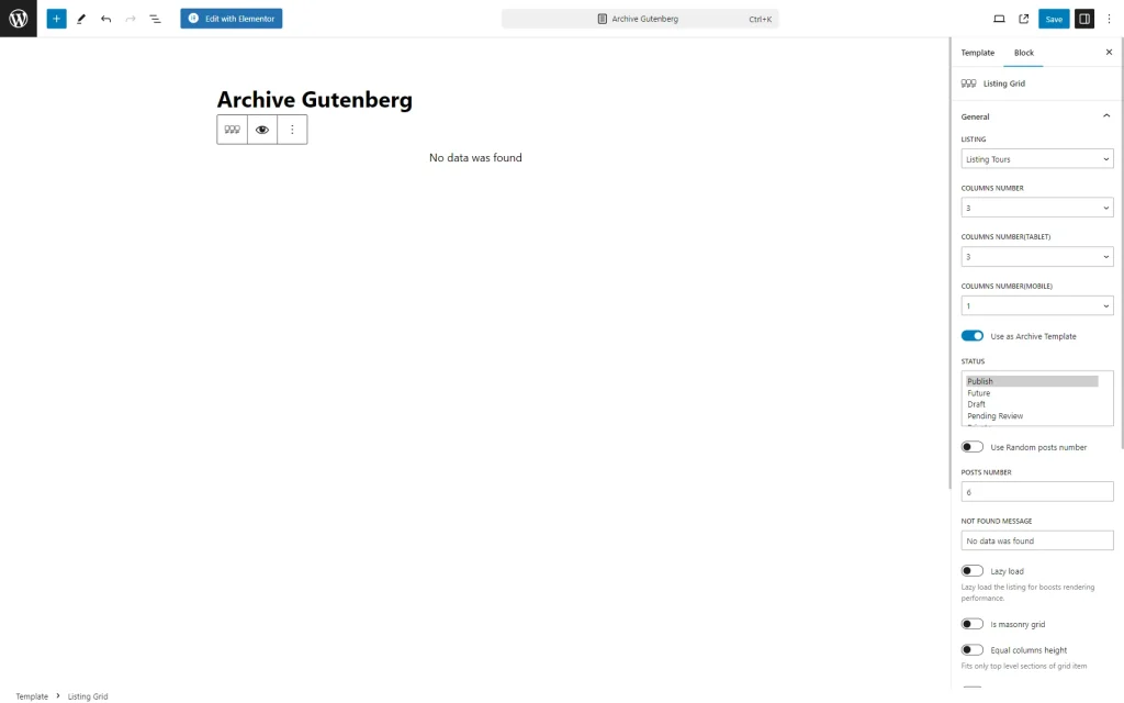 use as archive template activated in gutenberg
