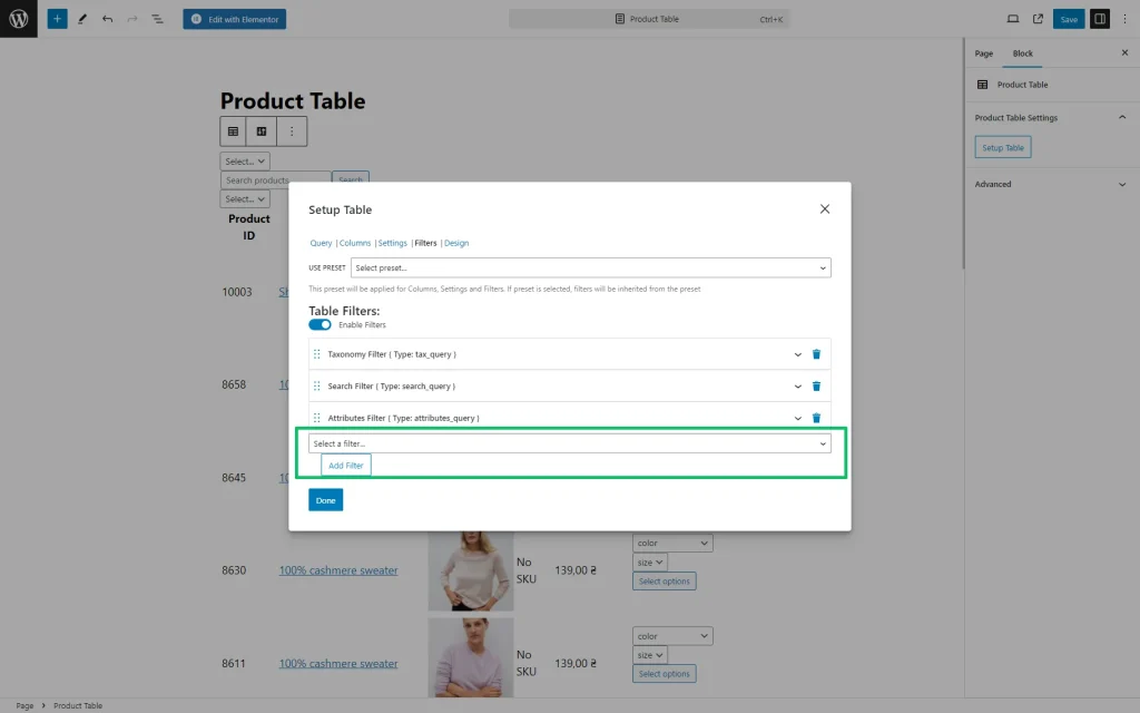 adding a filter to the product table block