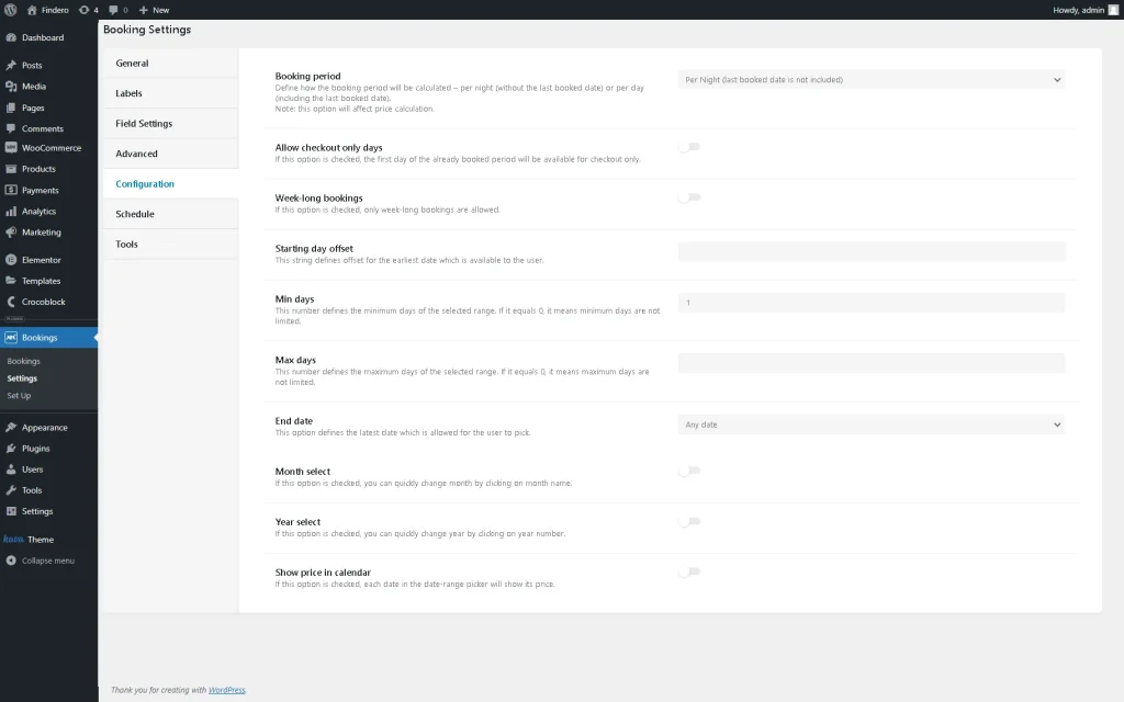 configuration tab of the booking settings