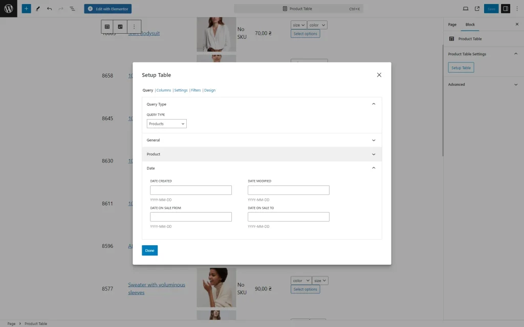 date settings of the setup table query tab