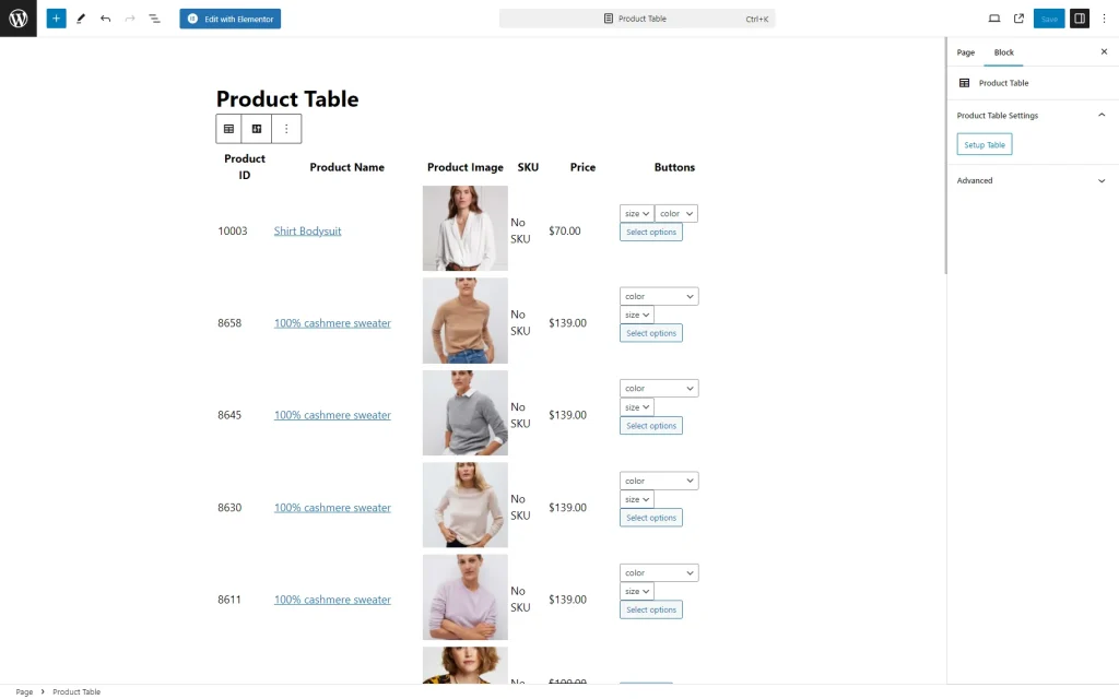 default table added via the product table block