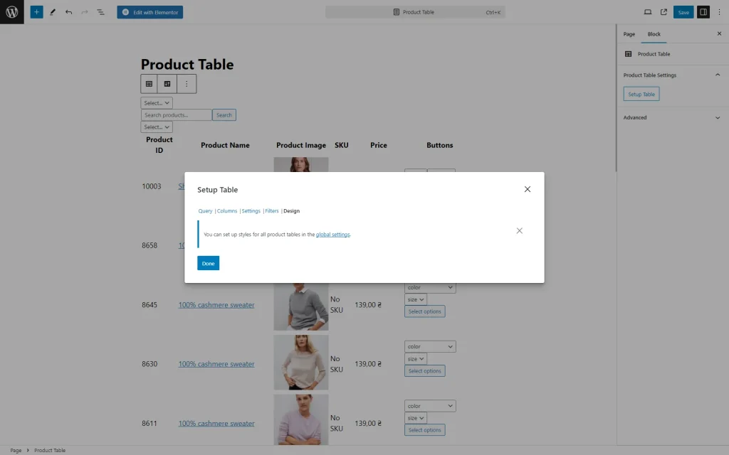 design settings of the setup table pop-up