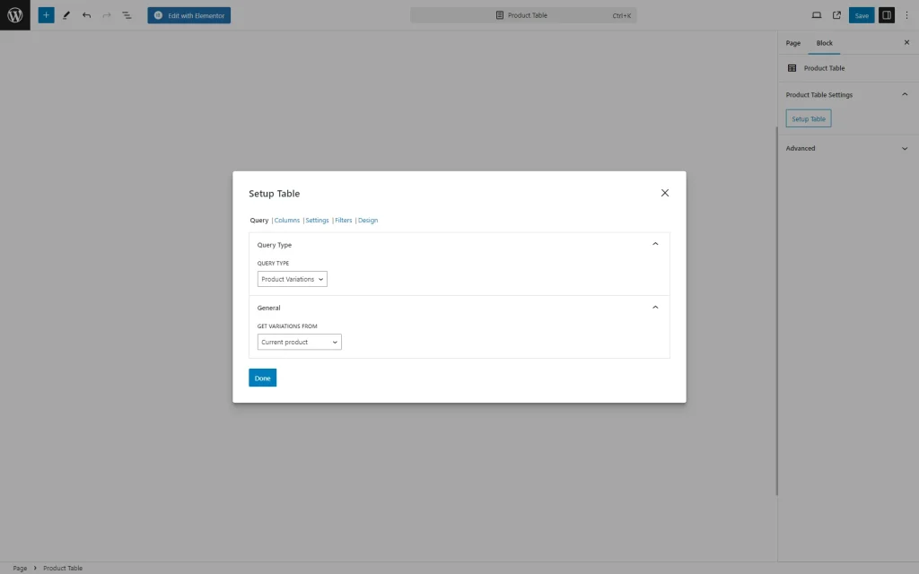 displaying variations via the product table block