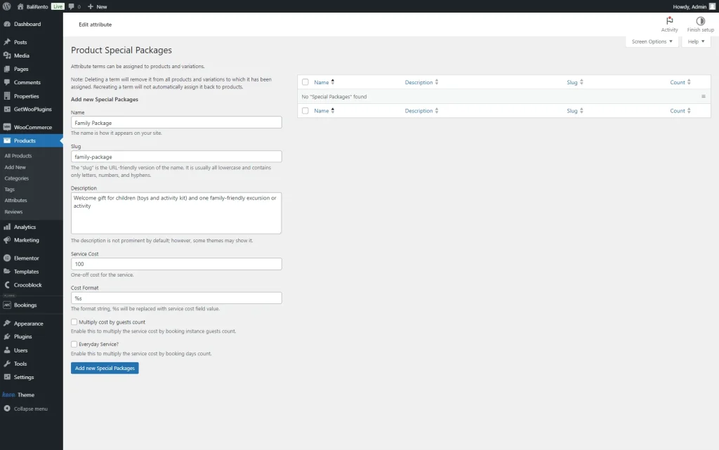 family package term settings