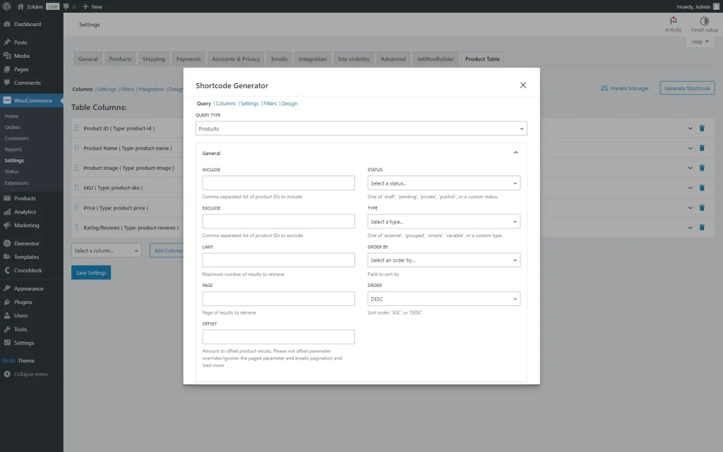 general section of the query tab of the shortcode generator pop-up