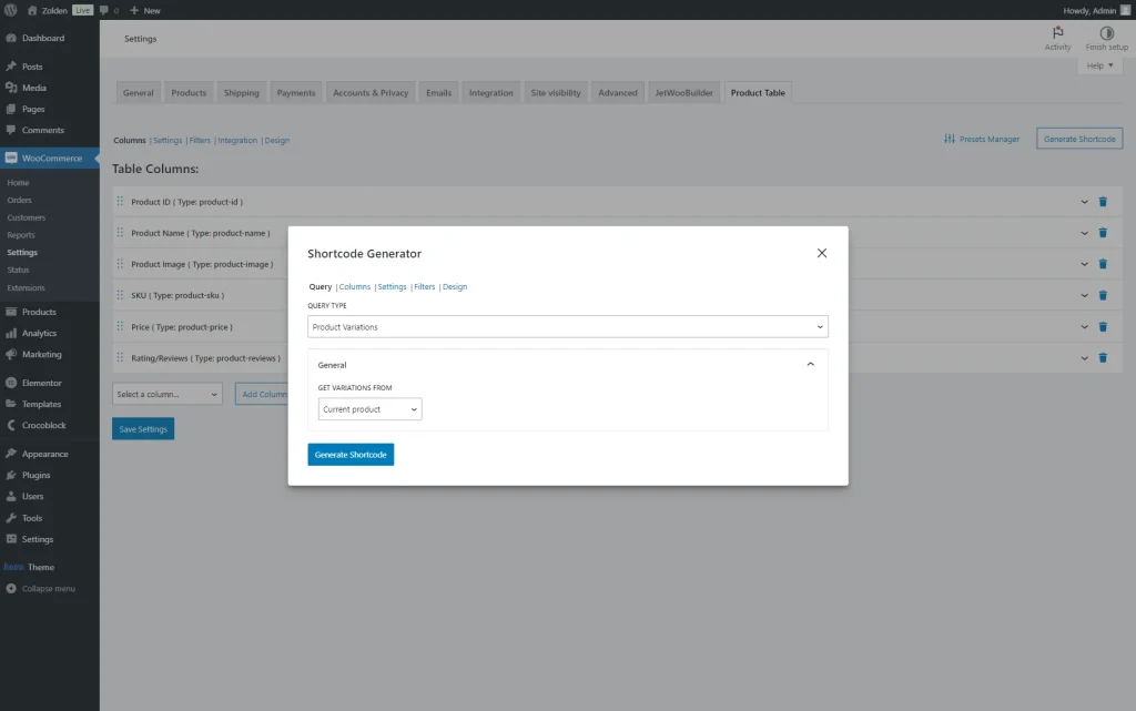 general tab of the product variables query type