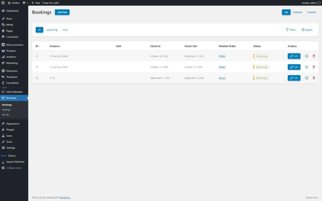 order in the booking dashboard