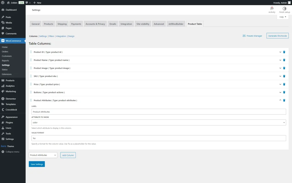 product attributes column